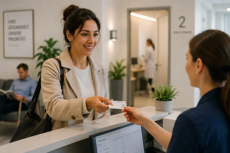 Woman handing her health insurance card to a receptionist in Germany